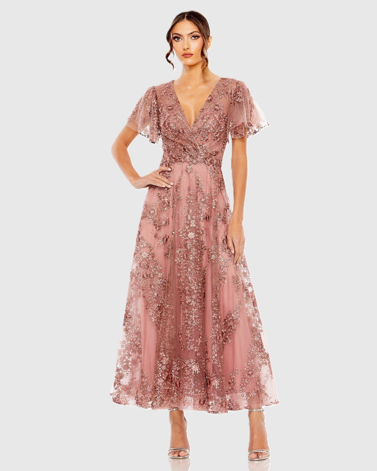 Embroidered Flutter Sleeve A Line Dress