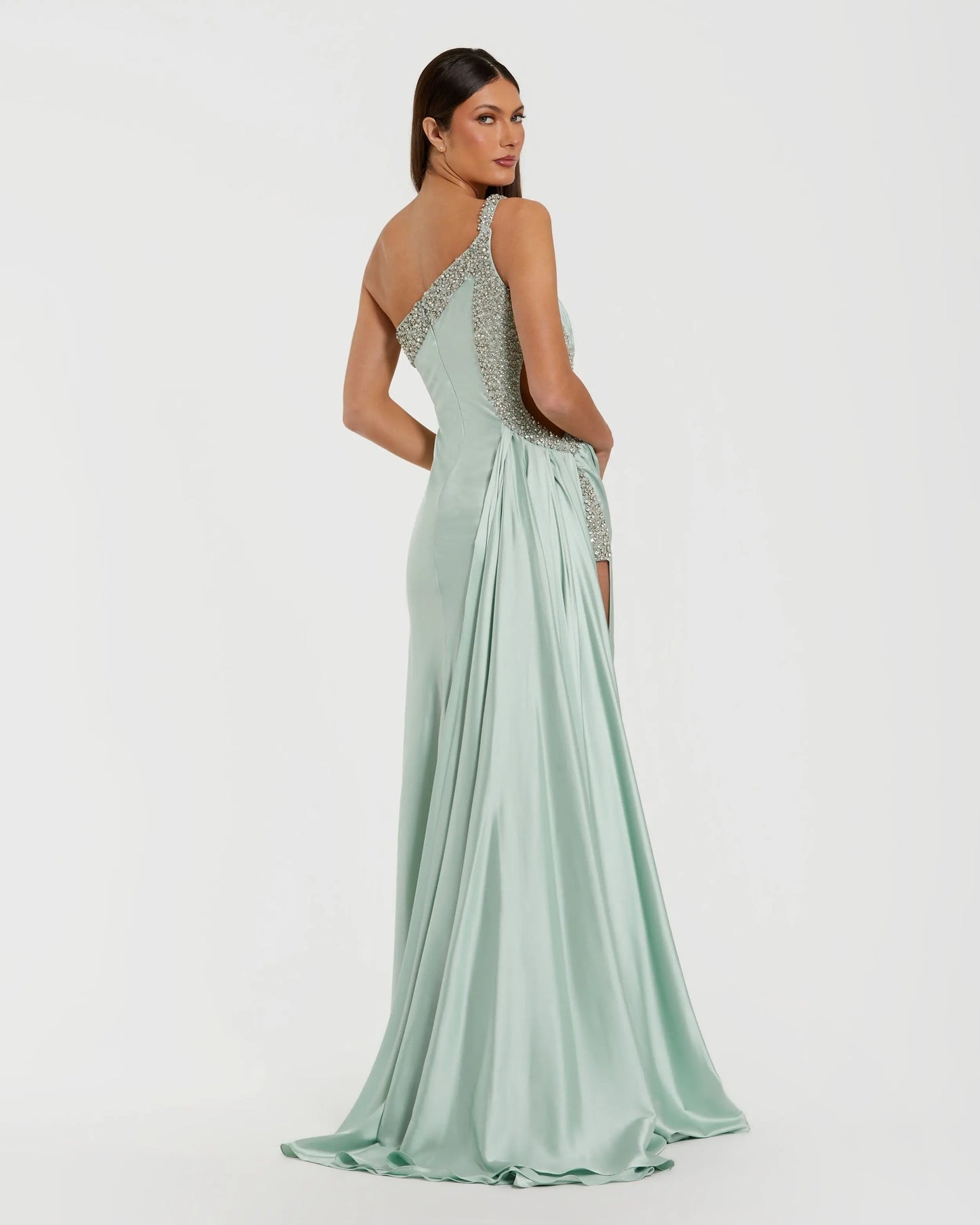 Green Embellished One Shoulder Satin Gown