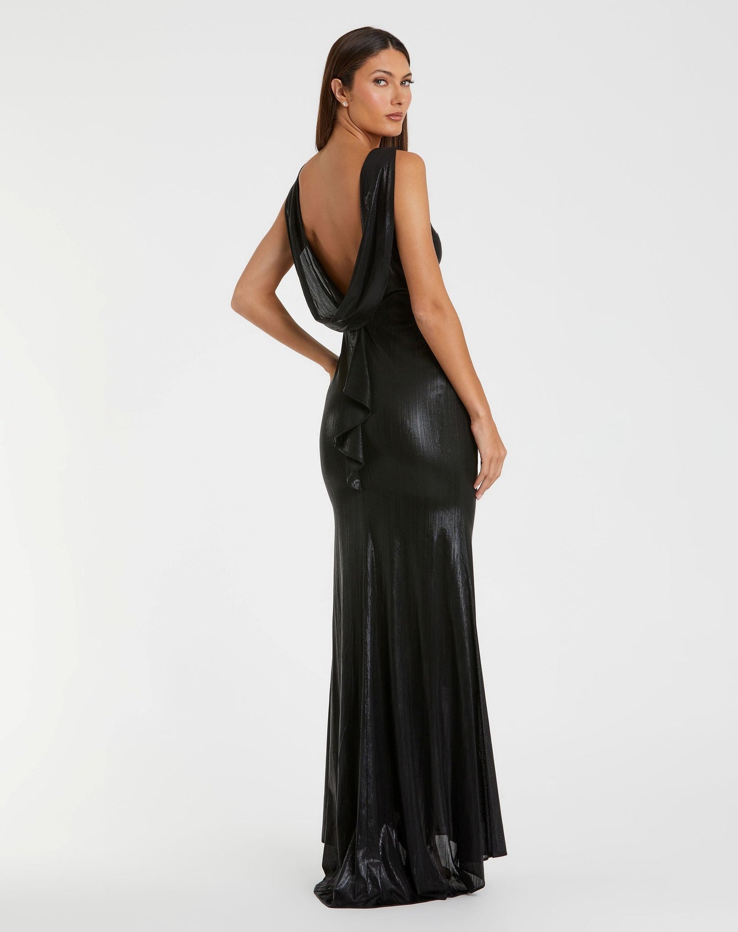 Petite Black Metallic Jersey Cowl Back Column Gown