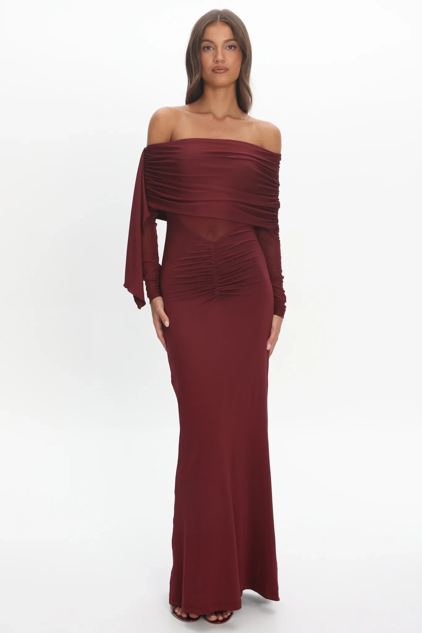 Marlowe Off-Shoulder Sheer Waist Maxi Dress Wine