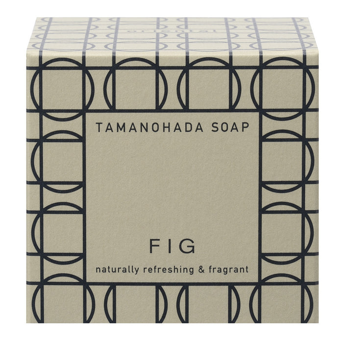 Tamanohada Fig Soap packaging with minimalist geometric design, naturally refreshing and fragrant Japanese luxury bath soap box.