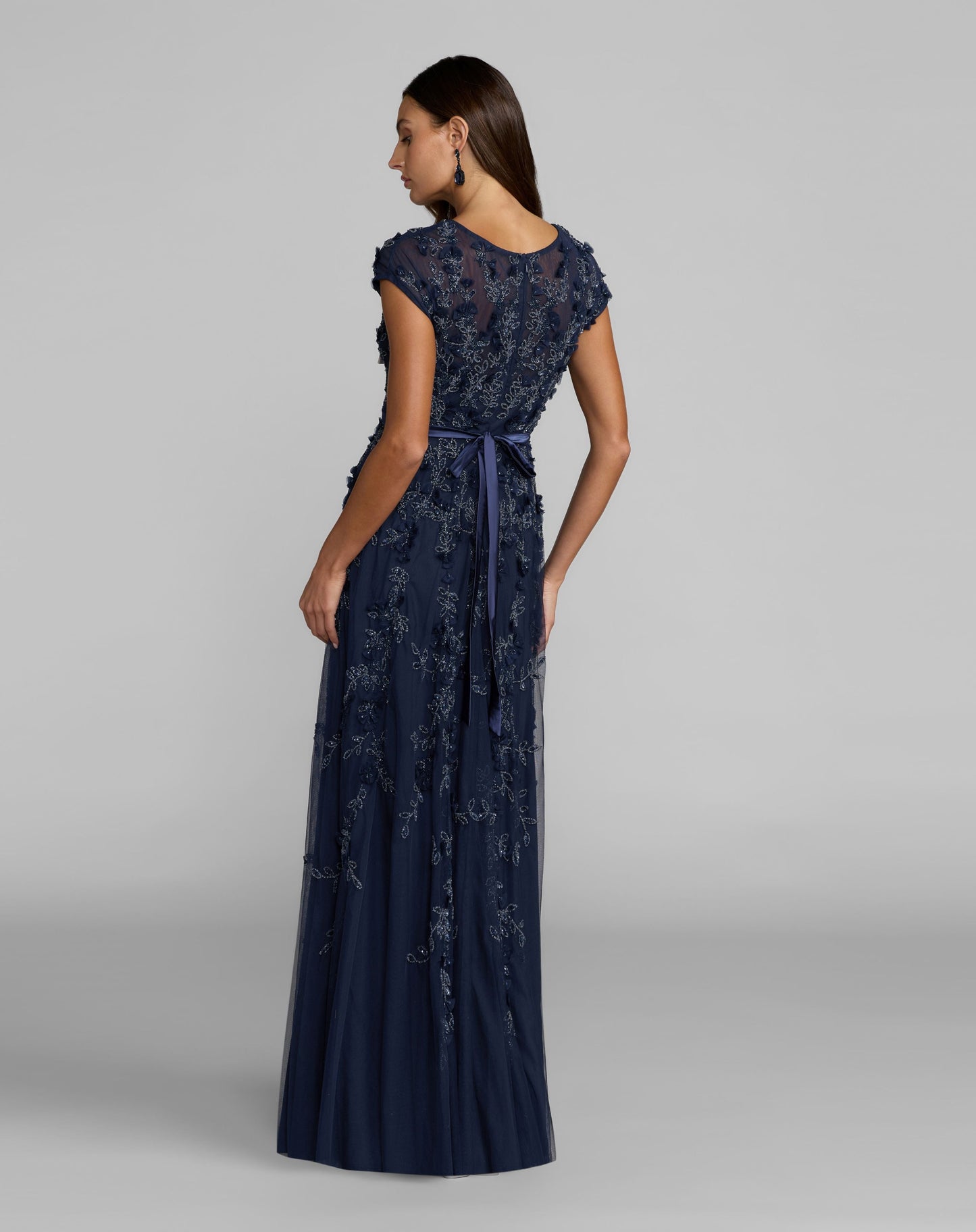Navy Floral Embellished Cap Sleeve Gown