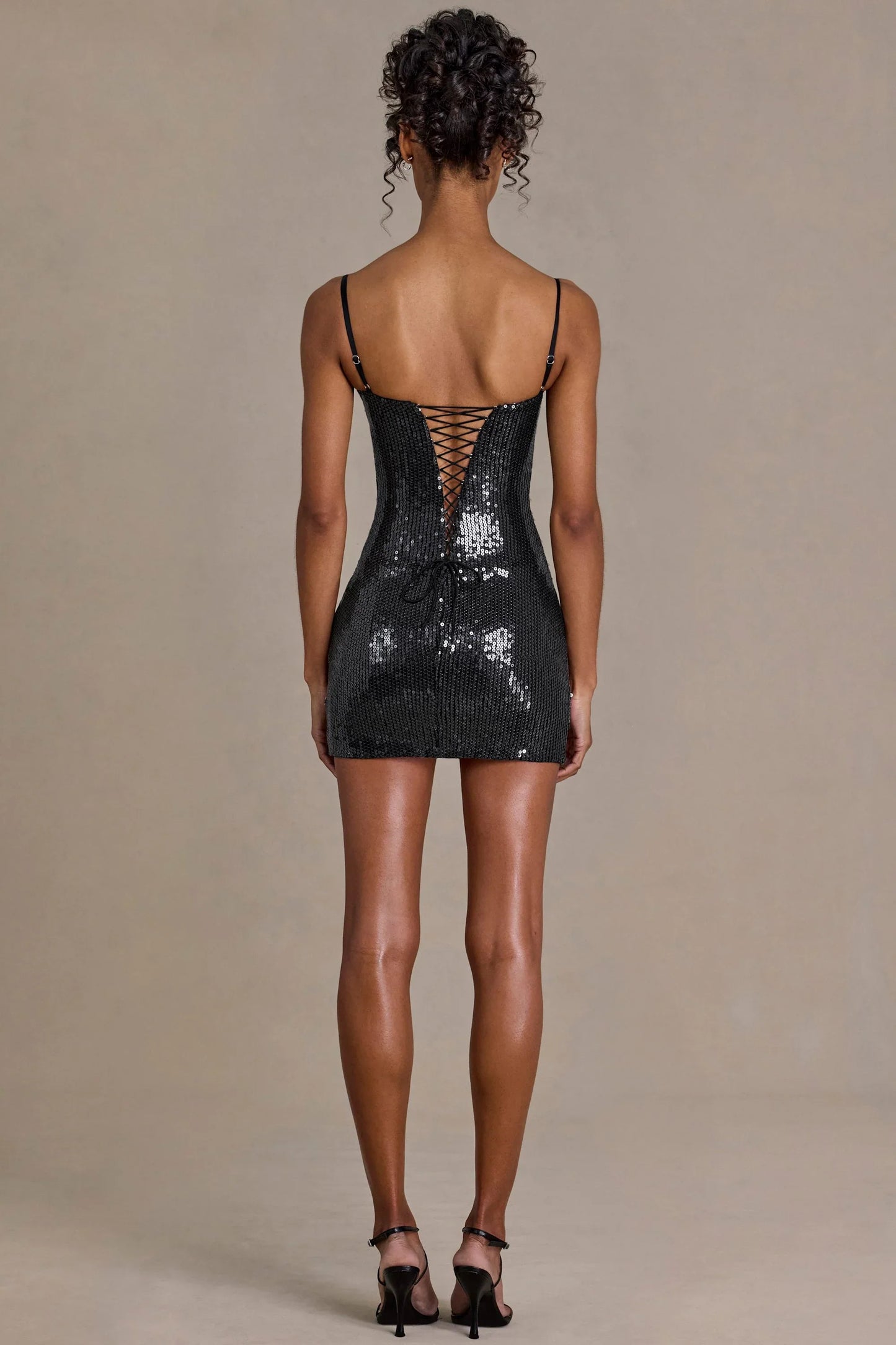 Sequin Lace Corset Mini Dress in Black