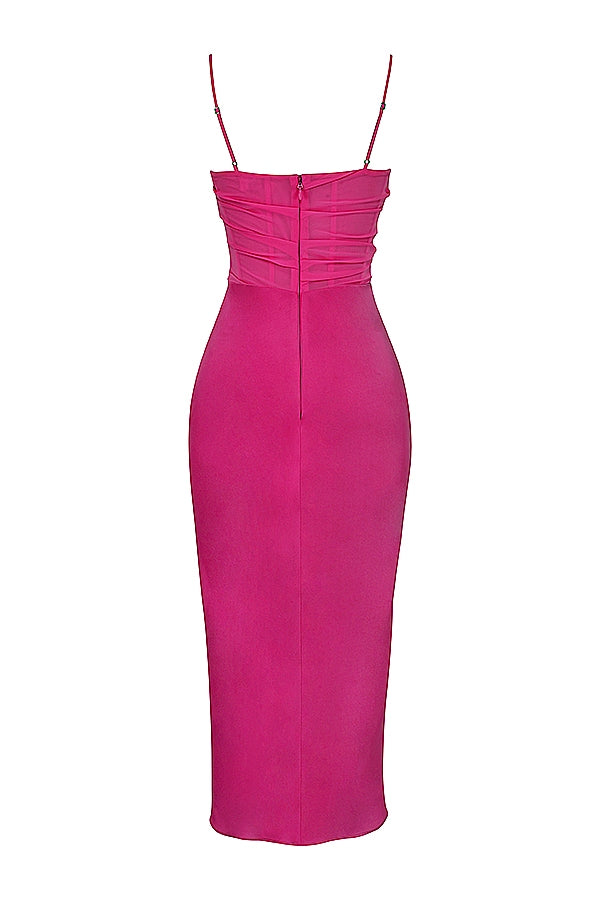 hot pink draped corset midi dress