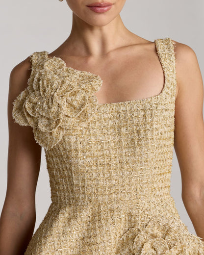 Gold Boucle Floral Applique Mini Dress With Pockets
