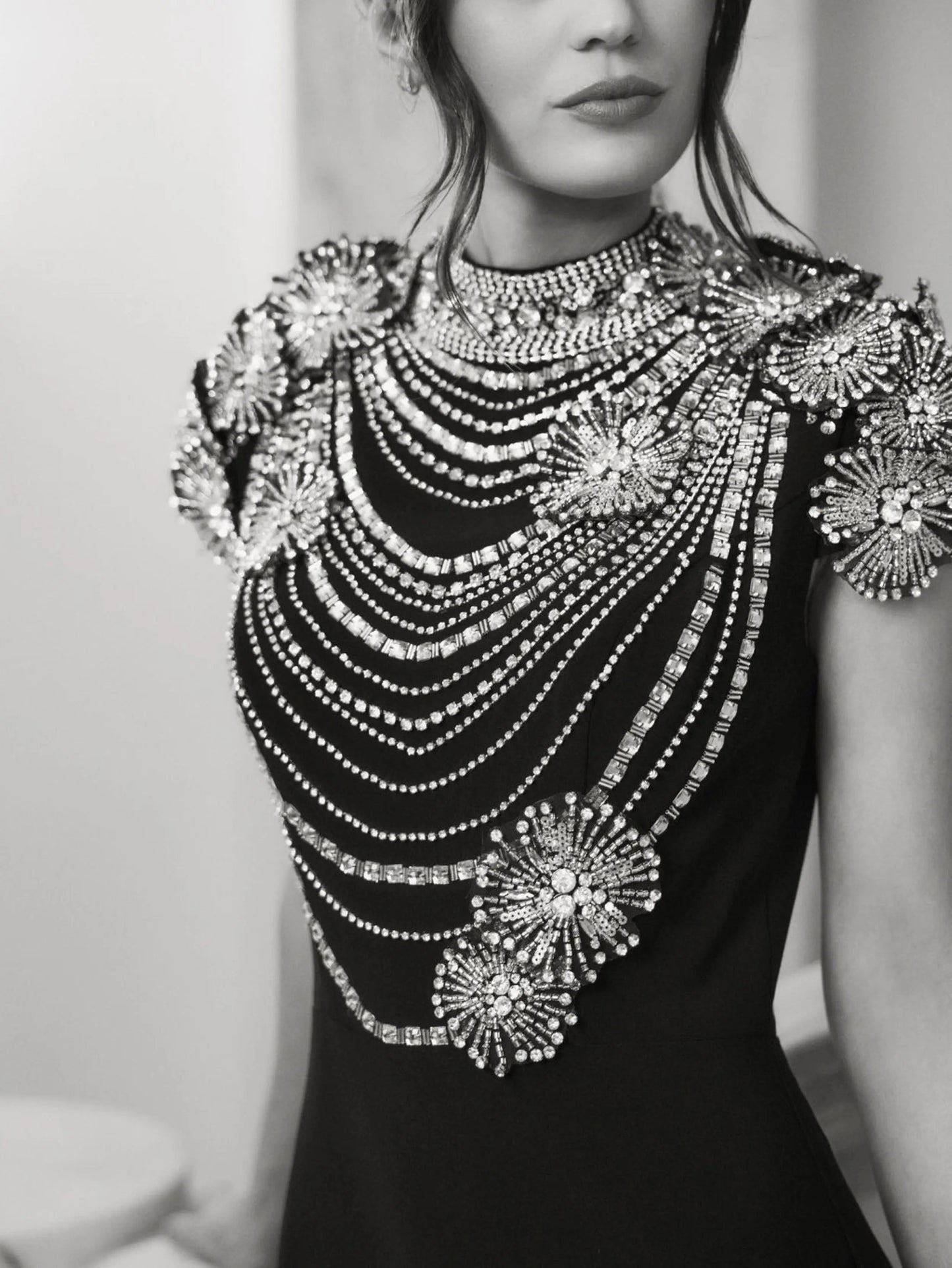 Black High Neck Embellished Column Gown