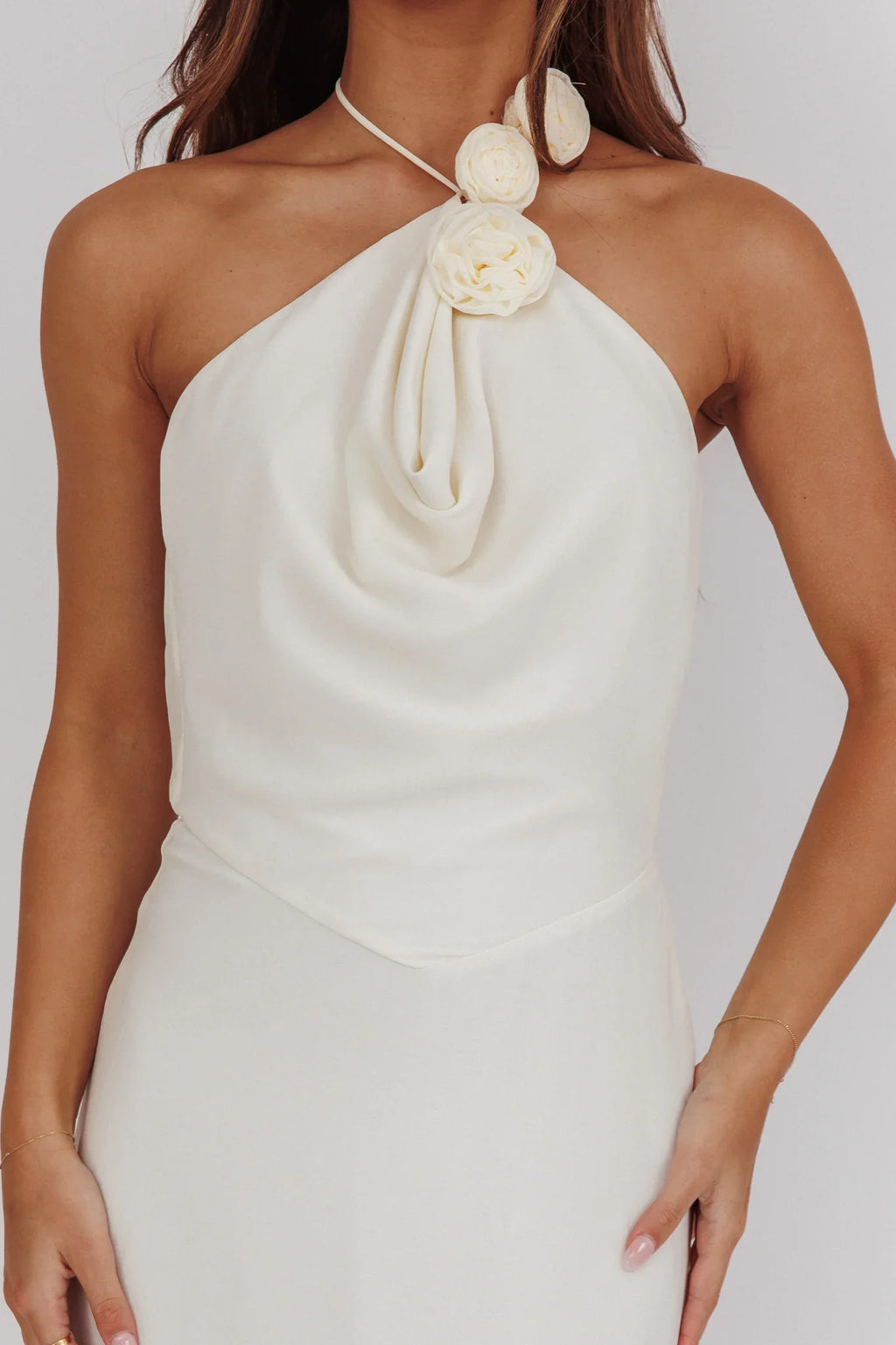 Petronilla Rosette Halterneck Maxi Dress Eggshell