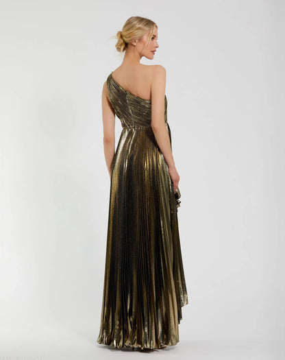 Gold Metallic Pleated One Shoulder Gown