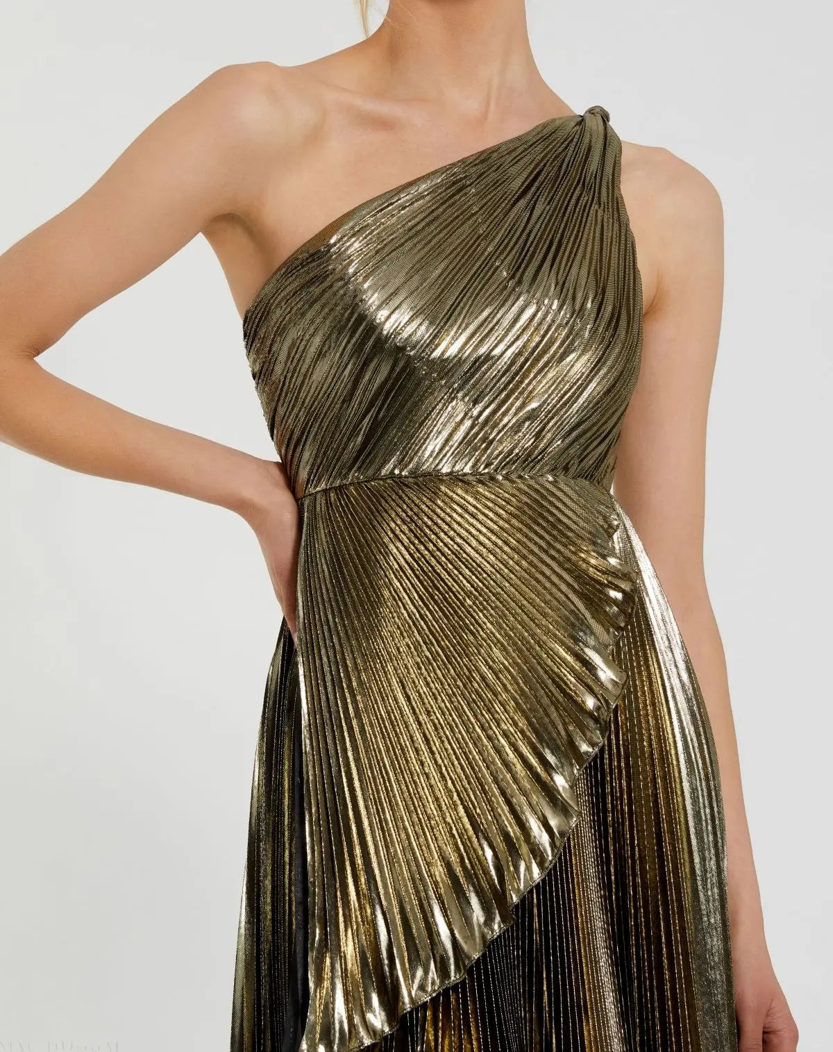 Gold Metallic Pleated One Shoulder Gown