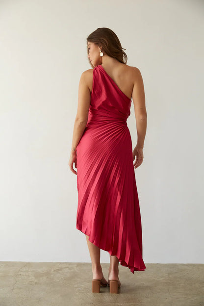 Zora One Shoulder Pleated Midi Dress