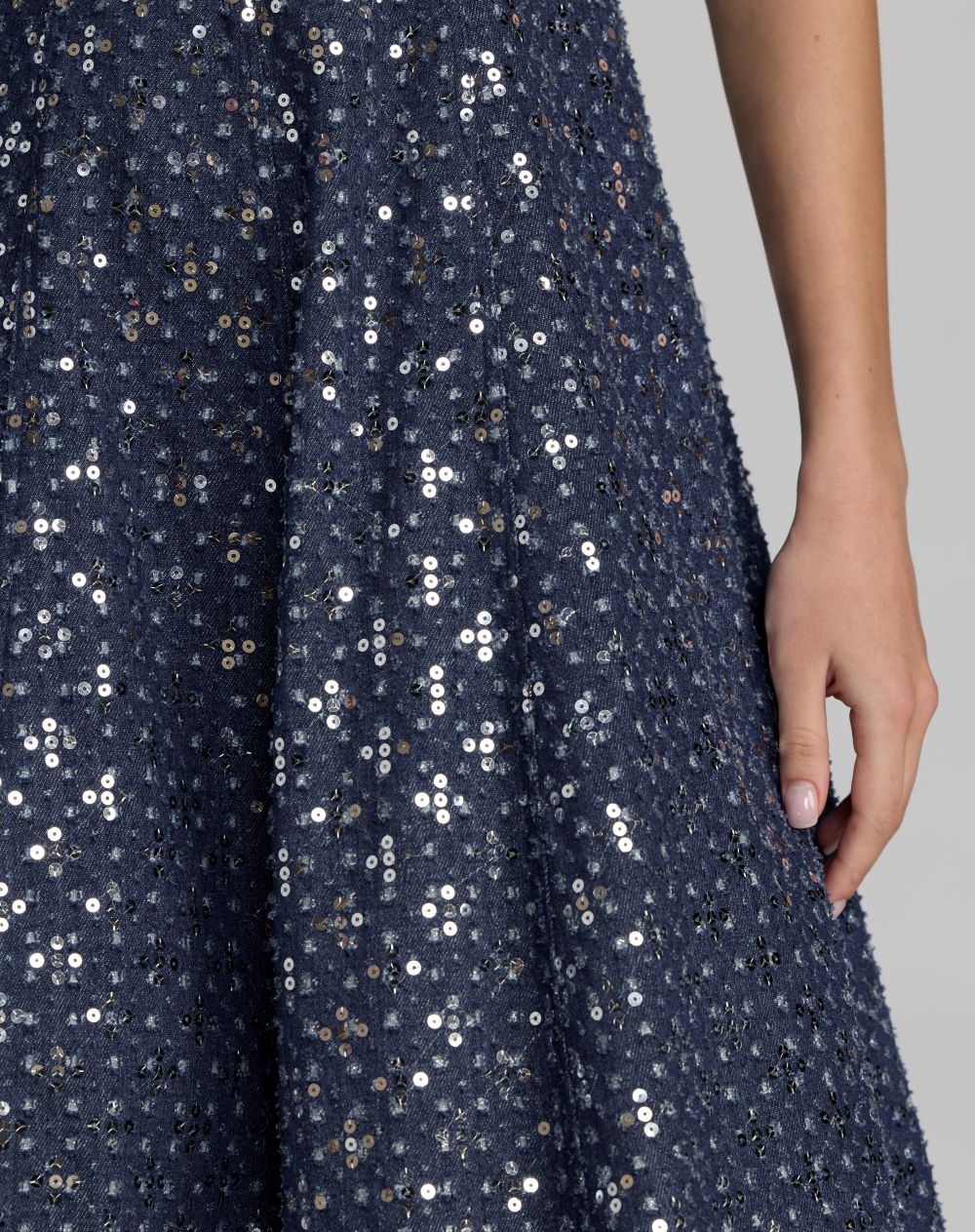 Blue Sleeveless Sequin Denim Midi Dress