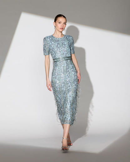 Blue High Neck Short Sleeve Crystal Fringe Sheath Dress