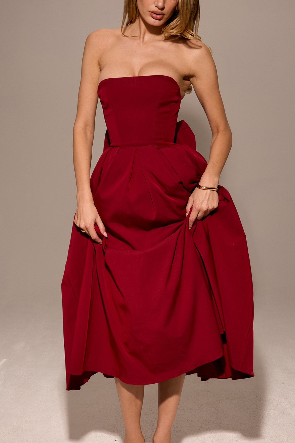 berry strapless detachable bow midi dress