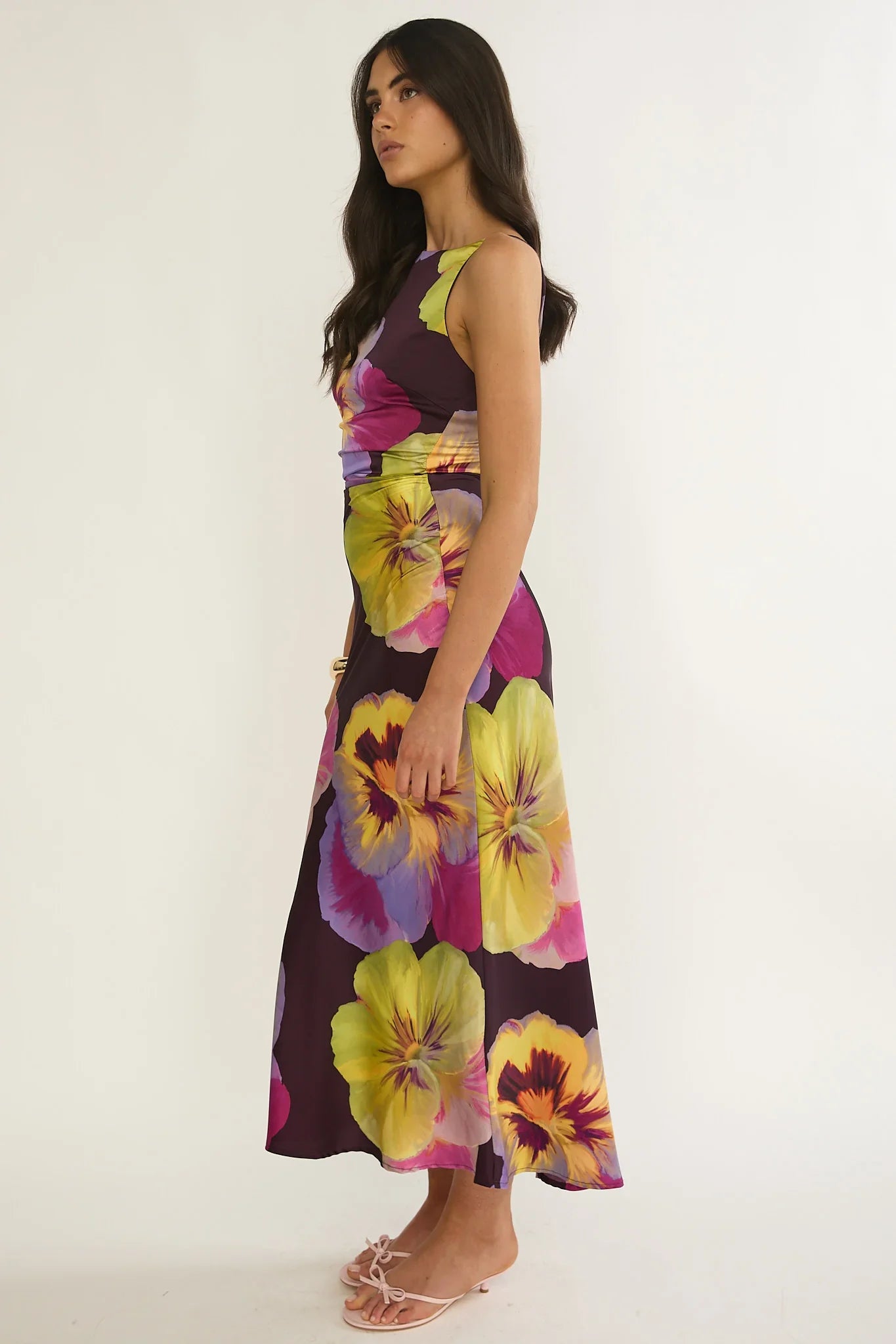 Floating Strappy Low Back Maxi Dress Pansies Plum