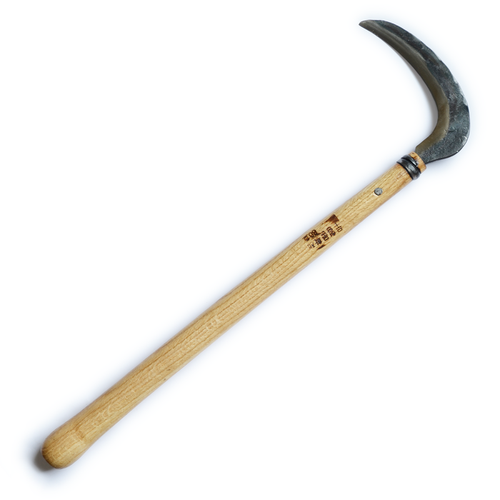 Hand-forged long sickle with a curved dark steel blade and light wooden handle, displayed on a clean white background in a minimalist artisan gardening tool presentation.