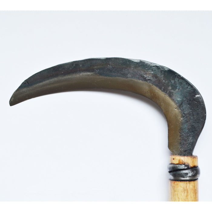 Close-up of a hand-forged long sickle blade with a curved dark steel edge and wooden handle, displayed on a clean white background to highlight artisan craftsmanship and blade detail.
