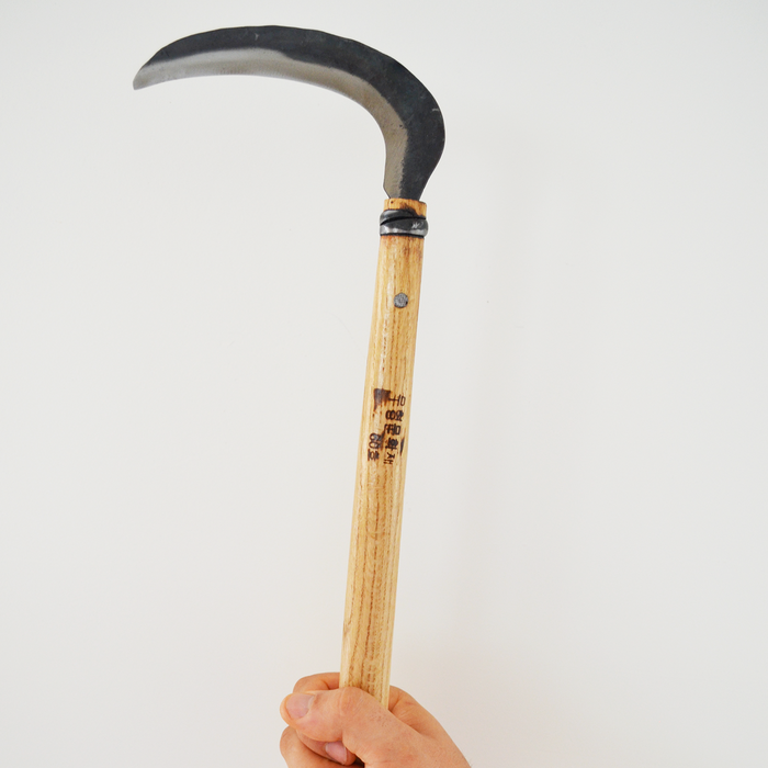 Hand holding a hand-forged long sickle with a curved dark steel blade and light wooden handle, shown against a clean neutral background to highlight its size and artisan design.