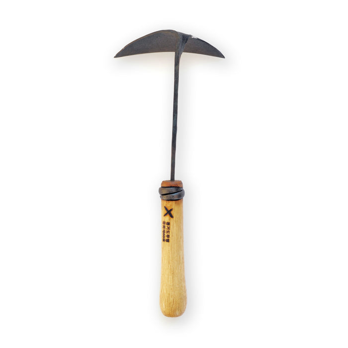 Hand-forged winged garden hoe with a dark steel double-edged head and light wooden handle, displayed on a clean white background in a minimalist artisan gardening product presentation.