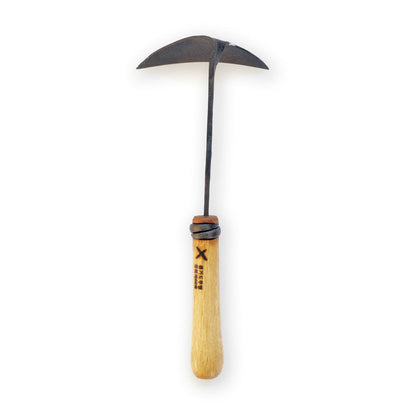 Hand-forged winged garden hoe with a dark steel double-edged head and light wooden handle, displayed on a clean white background in a minimalist artisan gardening product presentation.