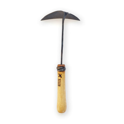 Hand-forged winged garden hoe with a dark steel double-edged head and light wooden handle, displayed on a clean white background in a minimalist artisan gardening product presentation.