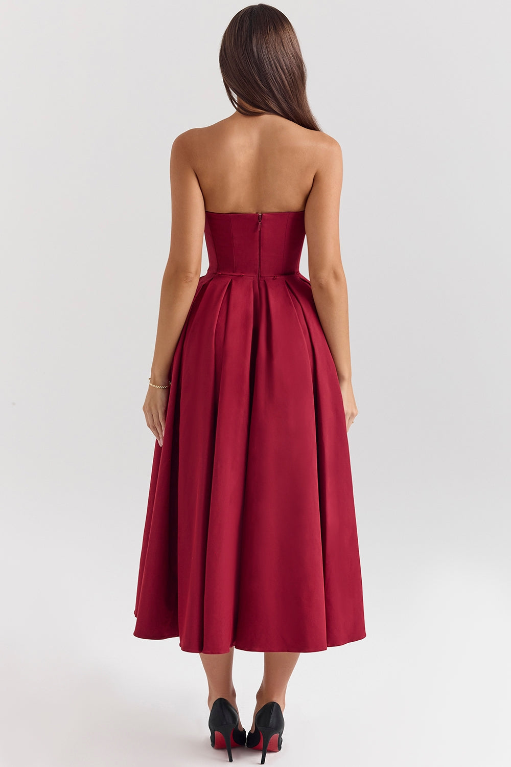 berry strapless detachable bow midi dress