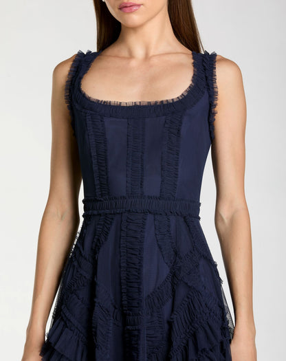 Navy Scoop Neck Sleeveless Micro Ruffle Midi Dress