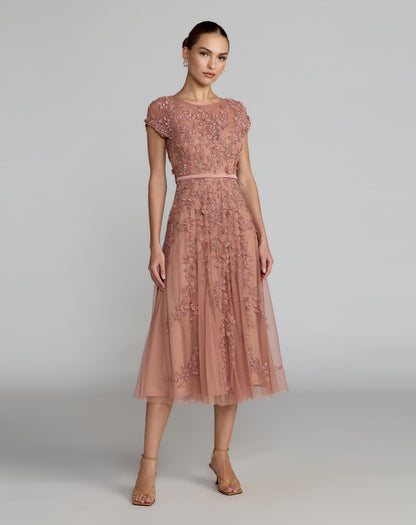 Floral Embellished Cap Sleeve Midi Dress