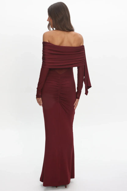 Marlowe Off-Shoulder Sheer Waist Maxi Dress Wine