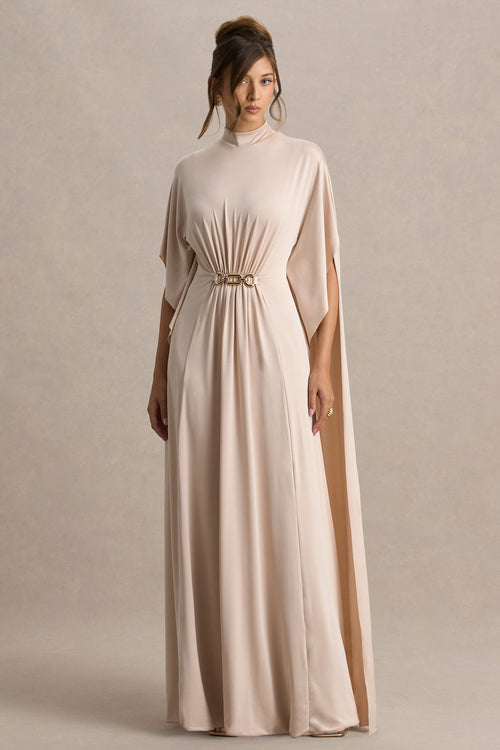 Olessia | Champagne Belted Gathered Cape-Sleeve Maxi Dress