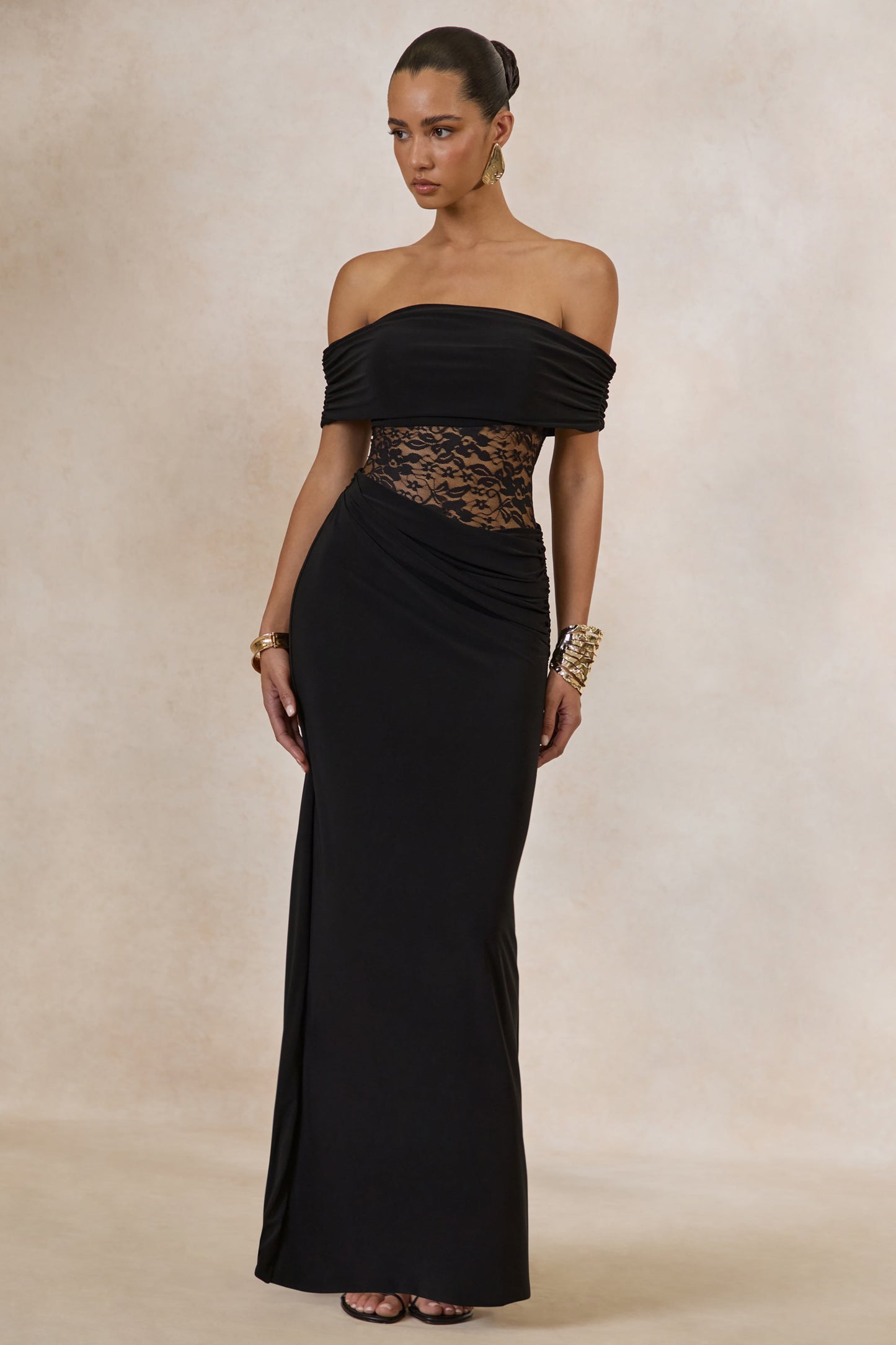 Forsya | Black Bardot-Neck Maxi Dress With Lace-Detailing