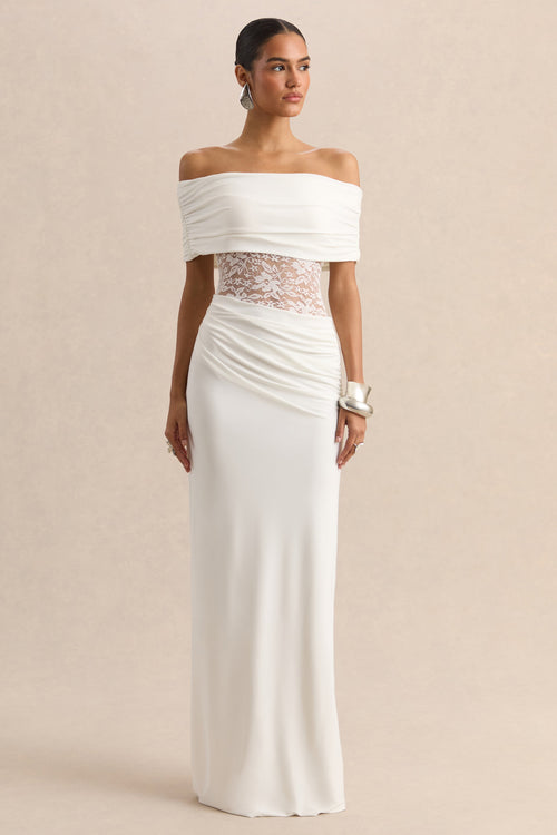 Forsya | White Bardot-Neck Maxi Dress With Lace-Detailing