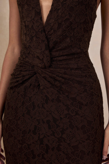 Ocealla | Brown Lace Plunge-Neck Maxi Dress With Gathered-Detailing