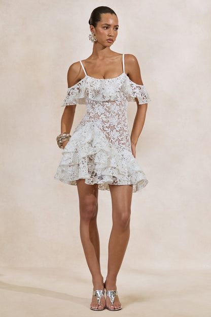 Lyris | White Lace Scoop-Neck Mini Dress With Ruffled Detailing