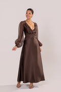 Carlotta Chocolate Maxi Dress with Sheer Billowed Sleeves