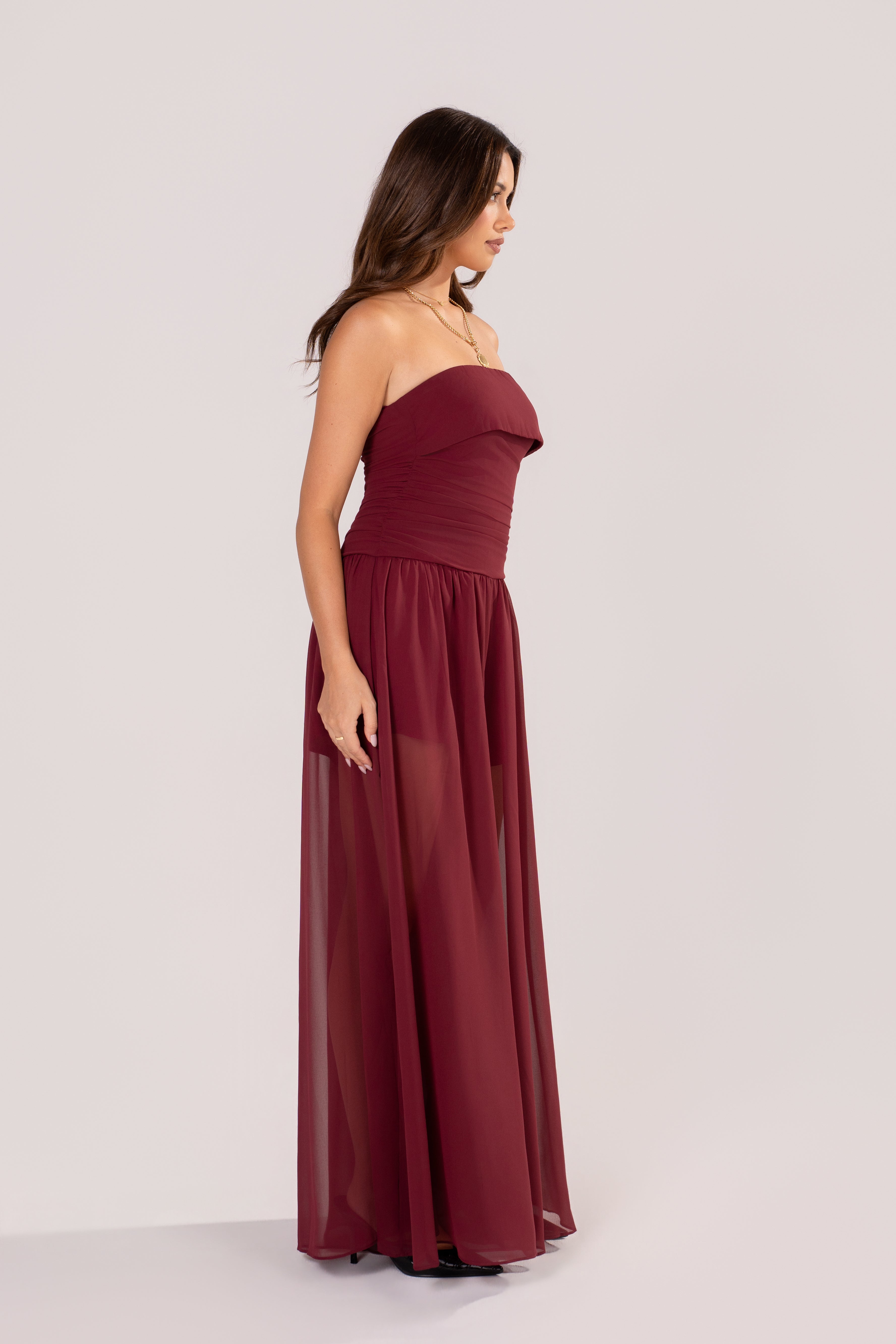 Evania Strapless Wine Jumpsuit with Sheer Overlay