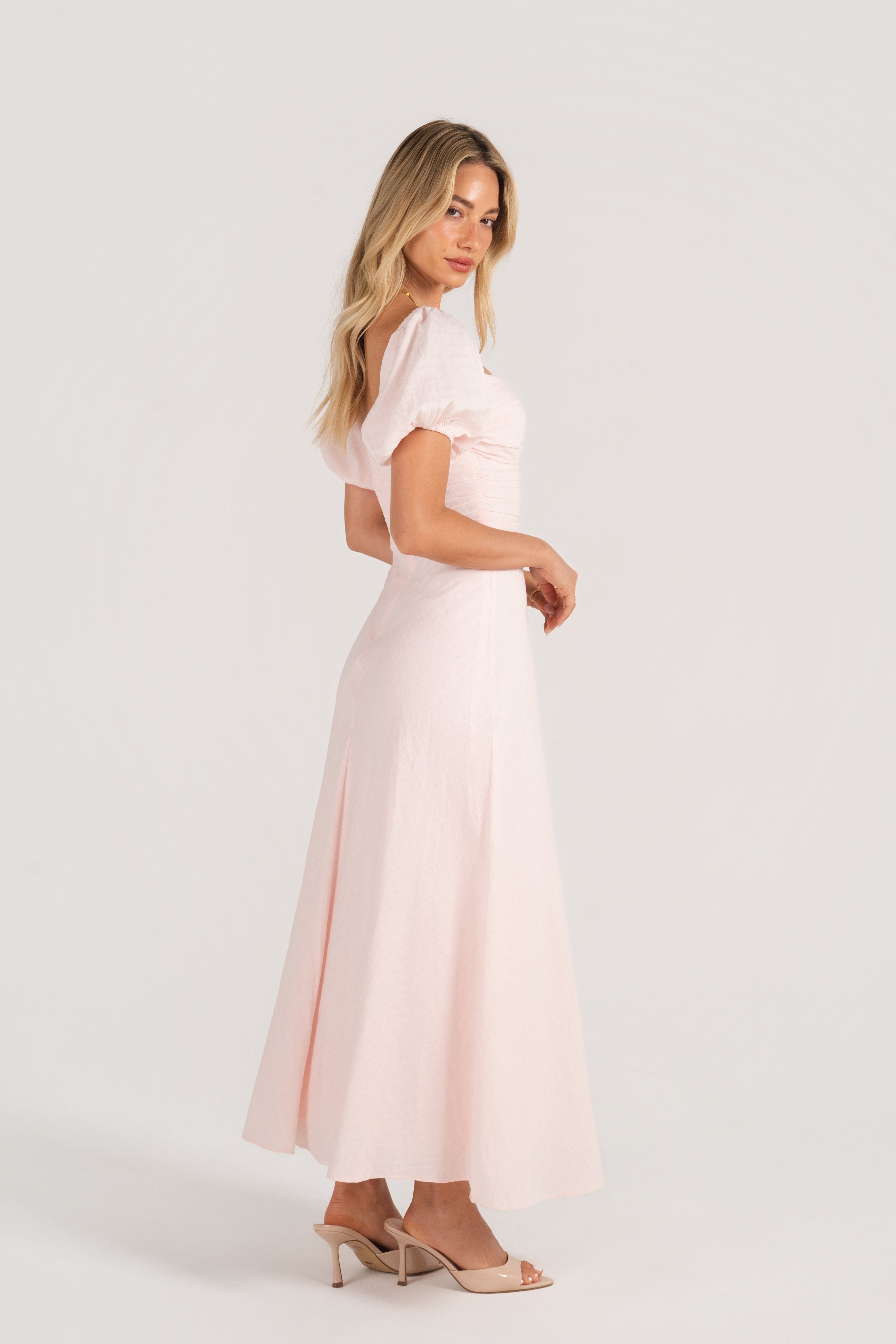 Felicia Soft Pink Puff Sleeve Maxi Dress