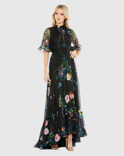 Black Floral Print Ruffled High Neck Flutter Sleeve Gown
