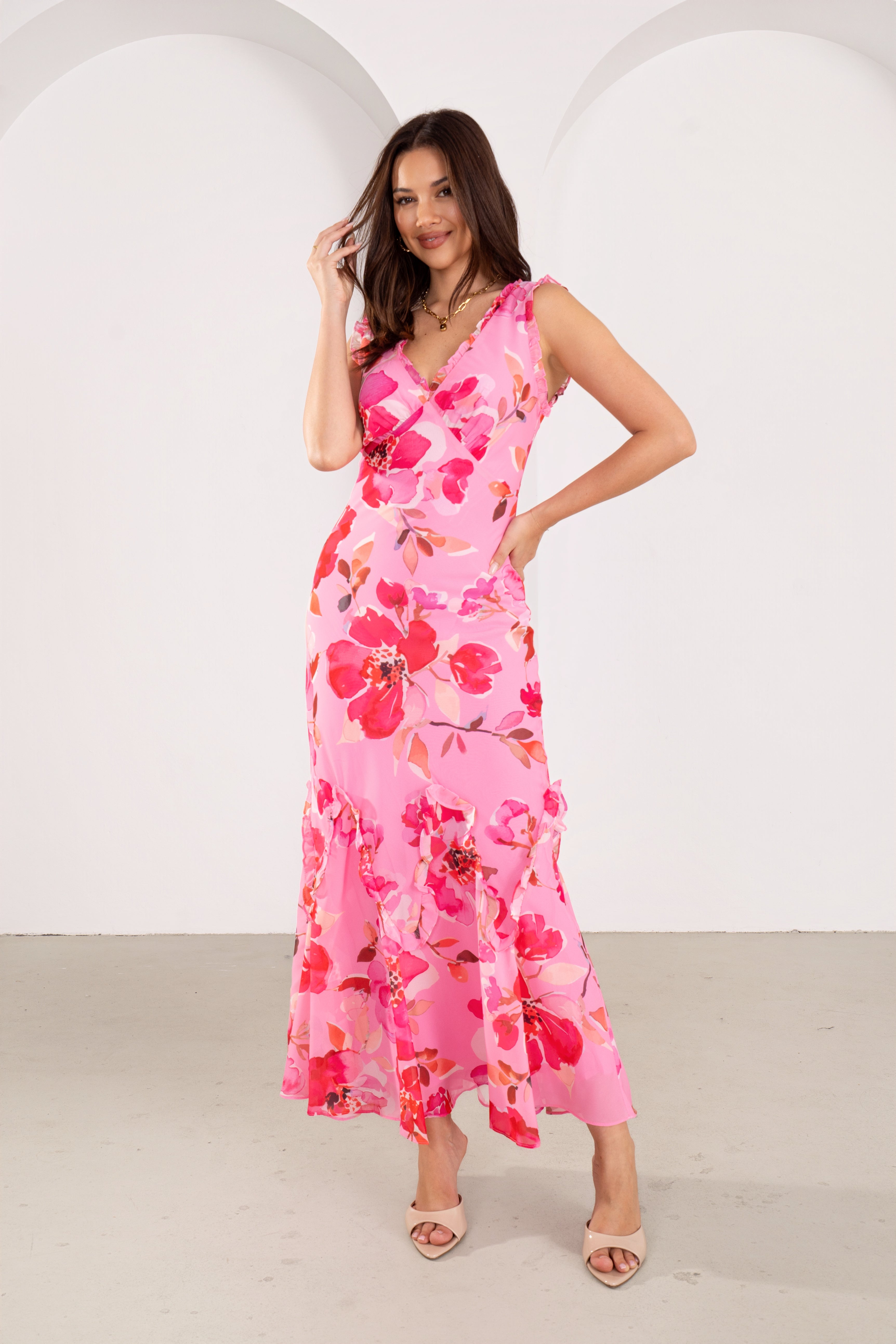 Marie Pink Floral Ruffle Maxi