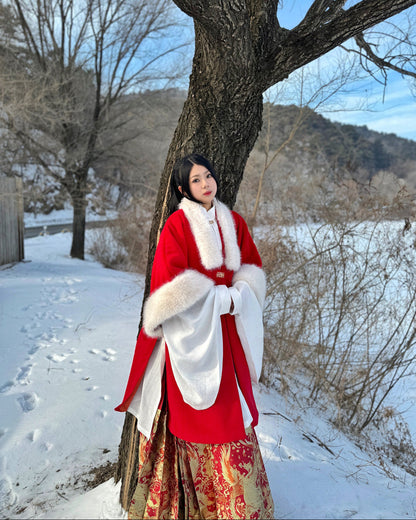 Li Luo 梨落 Pear Blossom Ming Dynasty Plus Size Pifeng Faux Fur Coat & Changshan Long Top Set