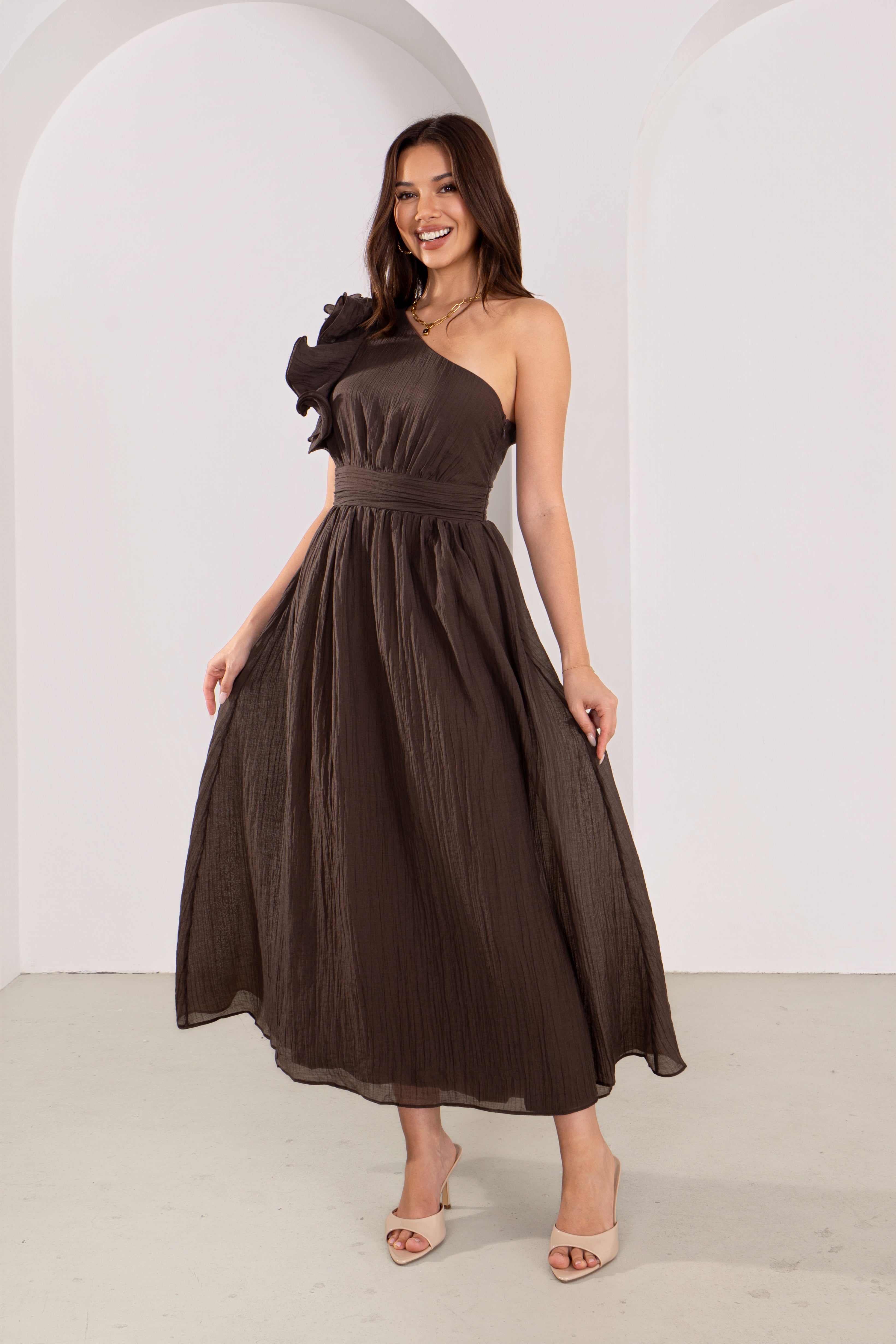 Zara One-Shoulder Ruffle Midi Dress