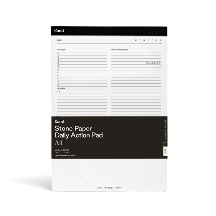 Karst Stone Paper Daily Action Pad in A4 size, shown front-facing with a black header, structured daily planner layout, and perforated pages on a white background.