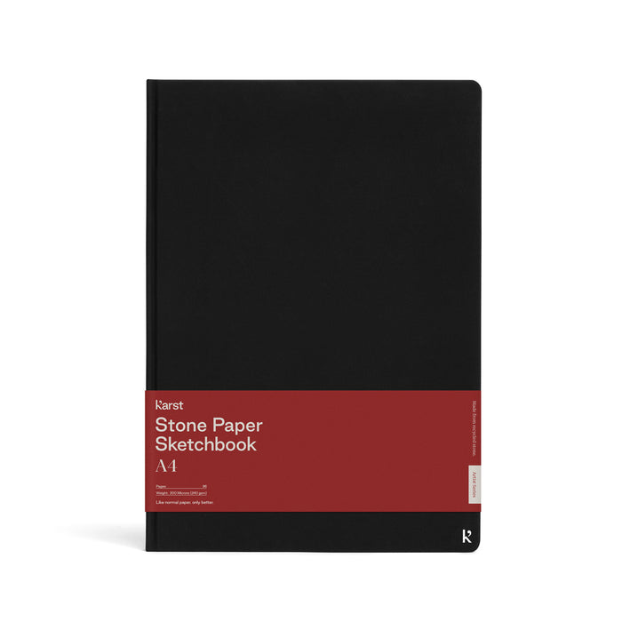 Karst A4 Stone Paper Sketchbook with black hardcover and eco-friendly tree-free stone paper, premium large artist sketchbook for drawing, sketching, and illustration.