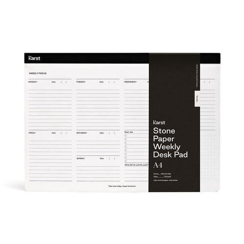 Karst Stone Paper Weekly Desk Pad A4 planner with weekly layout, eco-friendly tree-free desk planner pad for productivity, task planning, scheduling, and weekly organization.