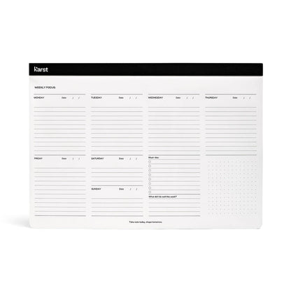 Karst Stone Paper A4 Weekly Desk Pad planner with Monday–Sunday layout, task checklist and notes section, eco-friendly tree-free weekly planner for productivity and scheduling.