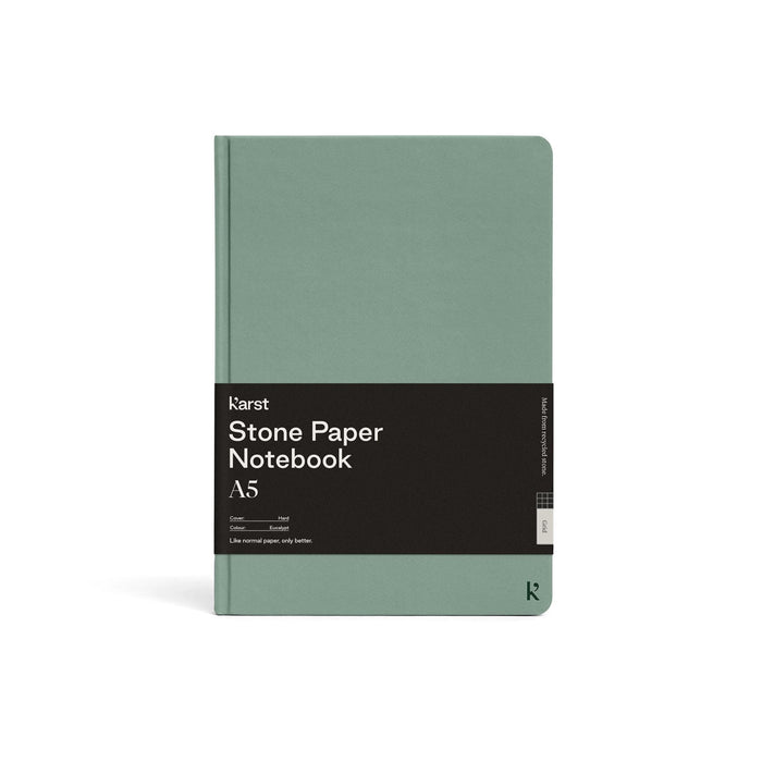 Karst A5 Stone Paper Notebook in Eucalypt Green with hard cover and grid pages, eco-friendly reusable notebook for journaling, planning, note-taking, and productivity.