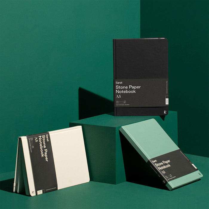 Karst A5 Stone Paper Notebooks in black, eucalyptus green, and beige displayed on geometric blocks, eco-friendly waterproof notebooks for journaling, planning, and everyday note-taking.