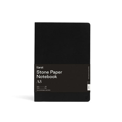 Karst Stone Paper Notebook A5 with a soft black cover and rounded corners, wrapped in a black product band, photographed front-facing on a white background.
