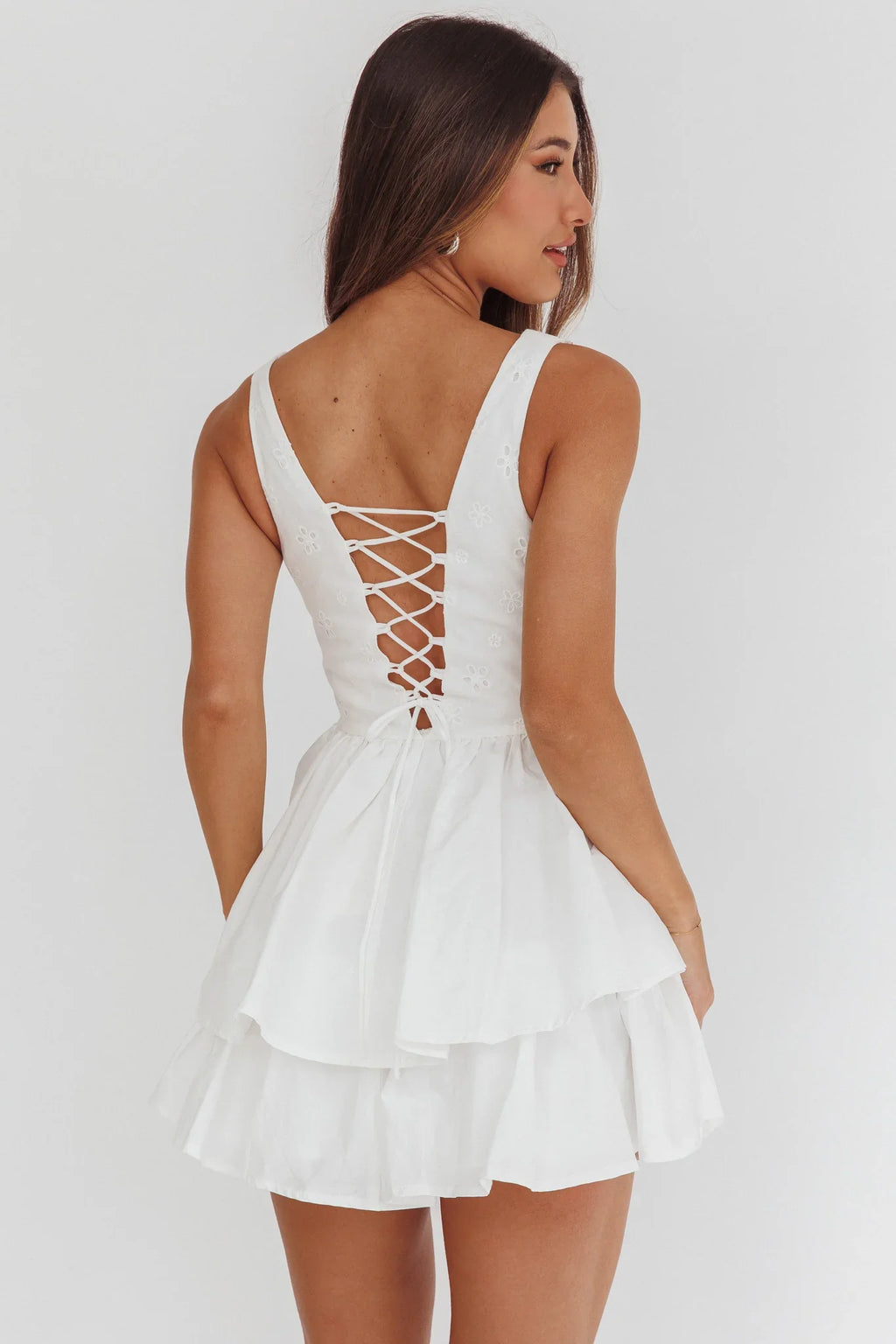 Corella Tied Bust Layered Hem Mini Dress White