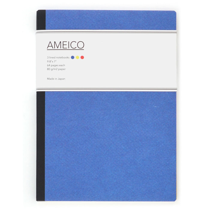 Ameico set of 3 lined notebooks made in Japan, featuring large 9.8 x 7 inch journals with blue and black covers and minimalist packaging on a white background.