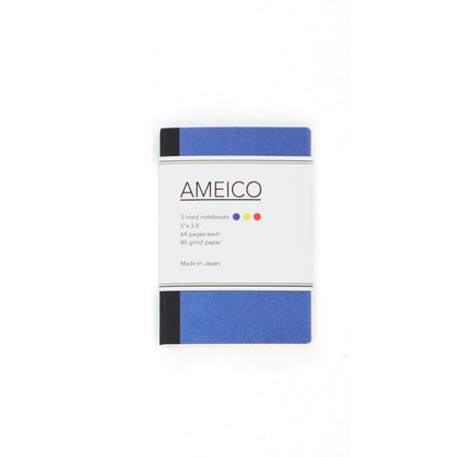 Ameico set of 3 lined notebooks made in Japan, featuring compact 5 x 3.5 inch journals with blue and black covers and minimalist packaging on a white background.